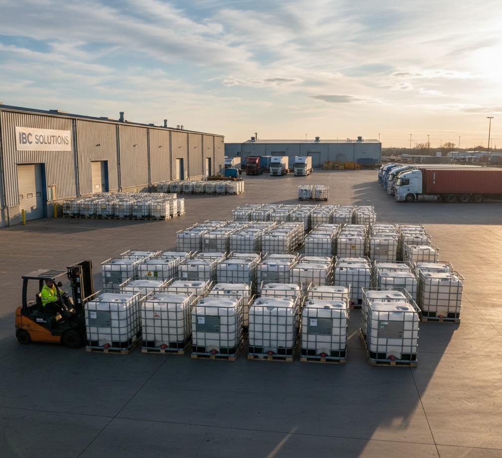 IBC tote yard with forklift operations at sunset