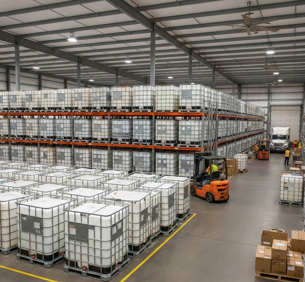 Large warehouse interior with IBC totes on industrial racking