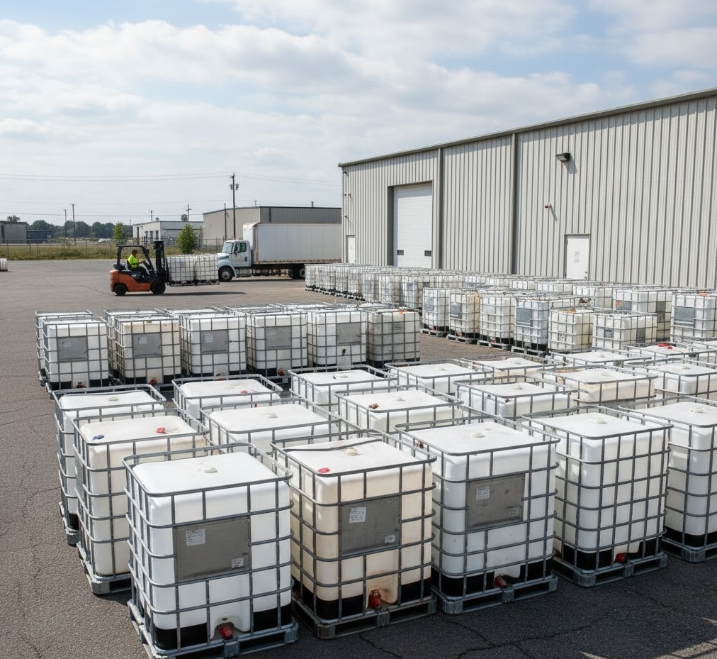 IBC totes organized in outdoor yard ready for loading