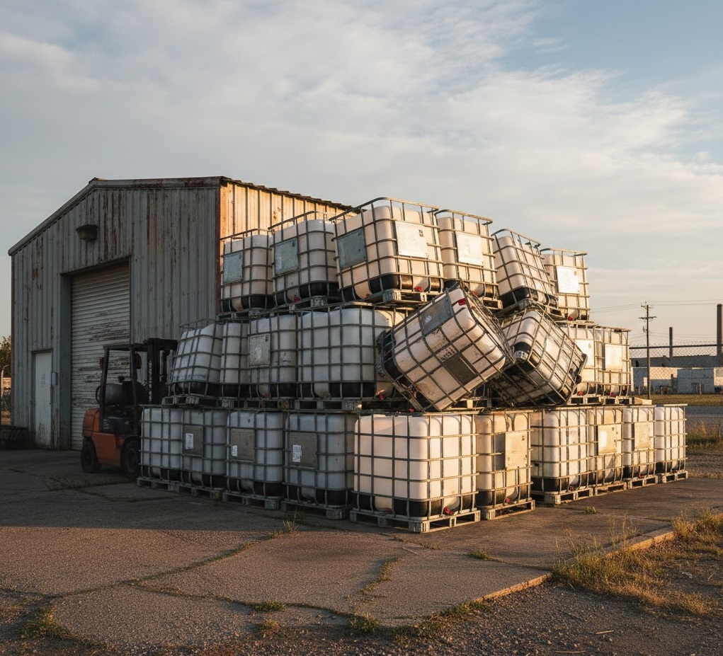 IBC totes stacked at warehouse during golden hour